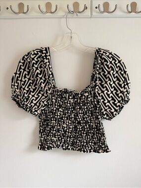 Smocked Puff Sleeve Crop Top in Black & Cream